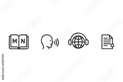 Obraz na plátne Translation and localization outline icons featuring speech dictionary global co
