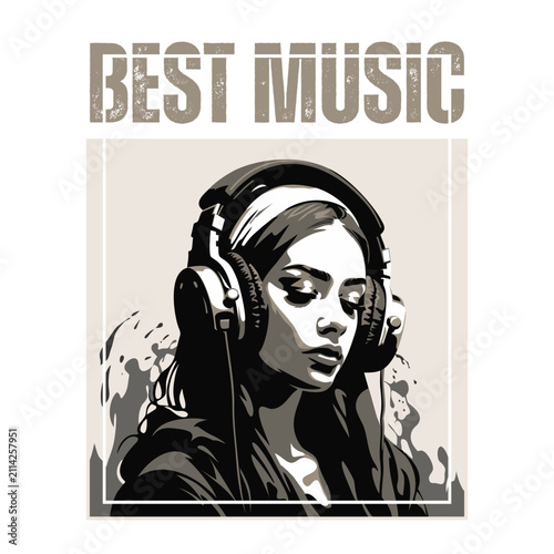 Stylish black and white vector illustration of a young woman wearing large headphones, eyes closed, immersed in music. Perfect for music, podcast and audio.