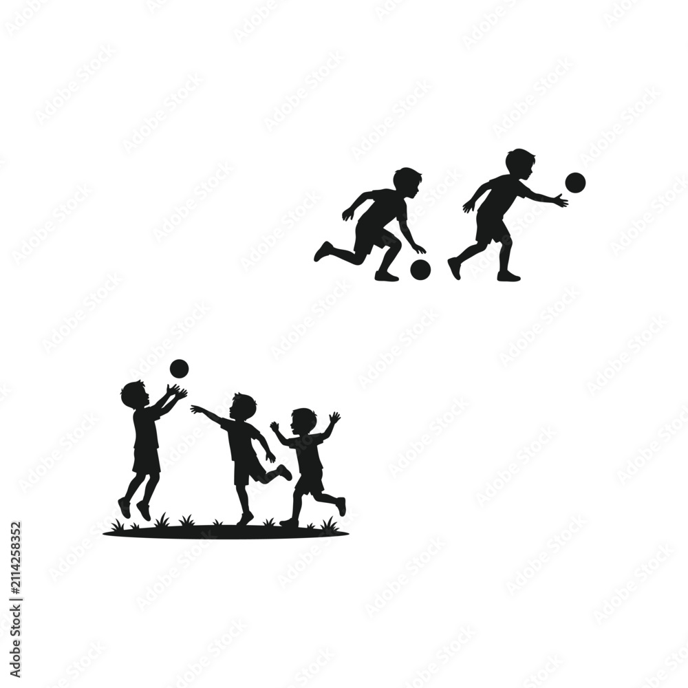 Obraz premium Silhouette Children Playing Sports and Ball Games Set