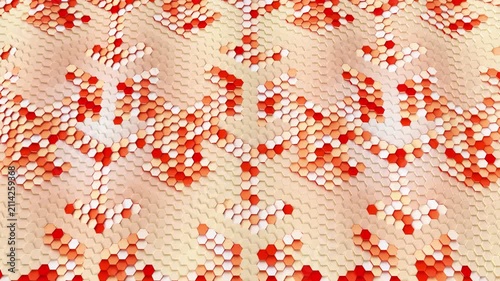 Abstract 3D animated background featuring a seamless looping wave motion of orange, white, and beige hexagonal blocks forming a futuristic snake skin pattern.