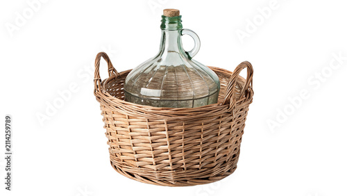 Quadro su tela Large empty glass bottle in wicker basket case isolated on transparent backgroun
