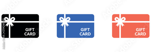 Set of three colorful gift card icons with ribbon bow design for retail shopping and promotions.