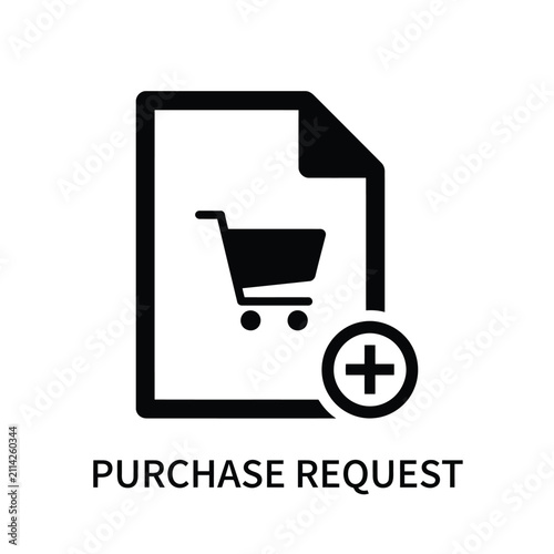 Purchase request icon featuring a shopping cart within a document and a plus symbol below sign add black silhouette