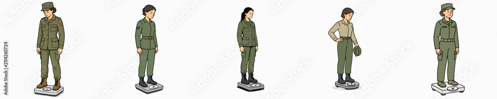 Obraz premium Set of vector illustrations of a female soldier weighing herself