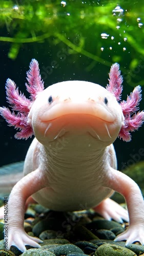 A captivating close-up portrait of a unique pink axolotl, showcasing its delicate feathery gills and curious expression while submerged in a crystal-clear freshwater aquarium