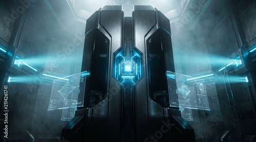 An architectural perspective using a wide-angle lens to evoke a sense of awe and scale, portraying the AI core as an imposing, sentient monument.