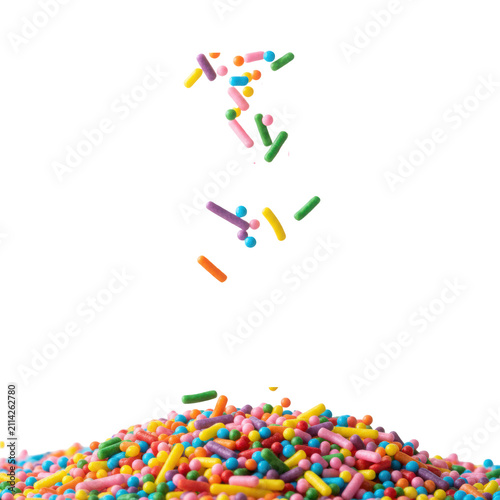 Thousands of vibrant candy sprinkles and jimmies falling onto a white background to create a colorful pile with extreme detail playful and energetic atmosphere