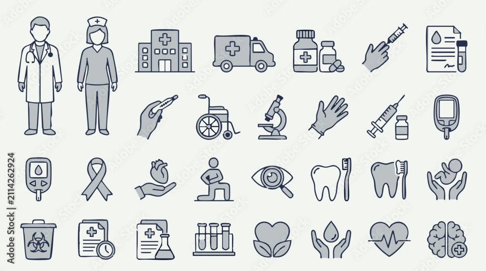 Fototapeta premium Medical and Healthcare Outline Icons Collection