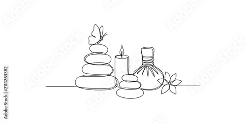 Continuous one line drawing of spa stones massage candle and butterfly