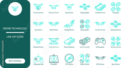 Drone technology icons set. Minimal silhouette vector collection of quadcopters, controllers and accessories for tech design