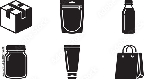 Six black silhouette icons of shopping and product containers Vector