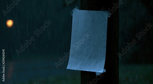 Blank paper tacked to post in dark, rainy atmosphere. Faint light glows