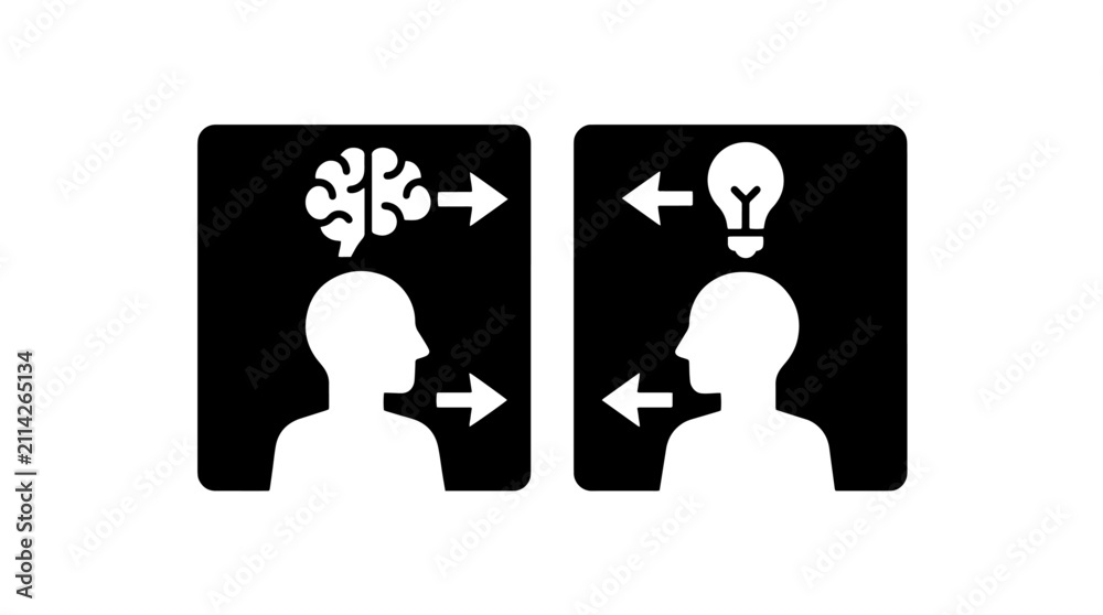 Fototapeta premium Icon set of human head with brain and lightbulb idea exchange concept