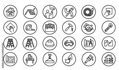 Home improvement and house renovation line icon set featuring carpentry tools plumbing painting equipment construction safety gear blueprints and handyman services.