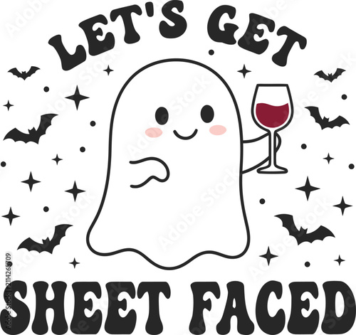 Bild auf Leinwand Cute ghost holding a glass of wine with bats and stars, funny halloween pun lets