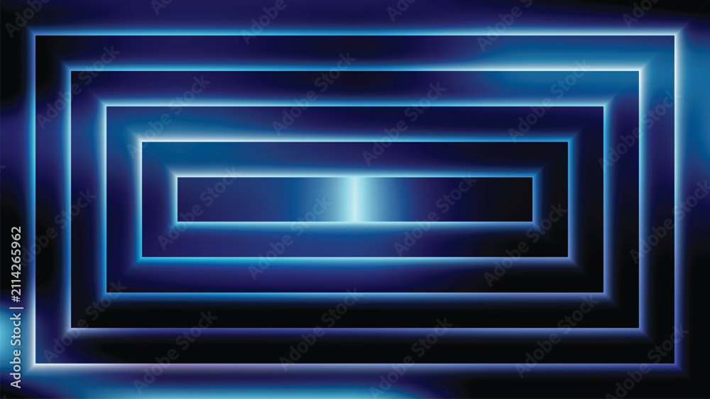 Fototapeta premium Deep dark glowing blue neon 3D concentric rectangular tunnel background
