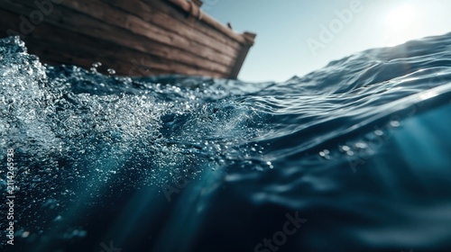 Wooden rowboat sailing on choppy ocean waves with sun rays breaking through the water