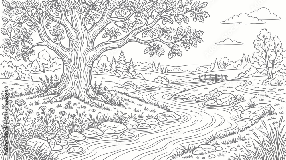 Obraz premium Large oak tree by mountain path coloring page