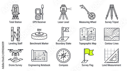 Land surveying icons with green civil engineering accents.