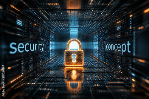 A digital, futuristic tunnel with a glowing padlock in the center representing security concept.