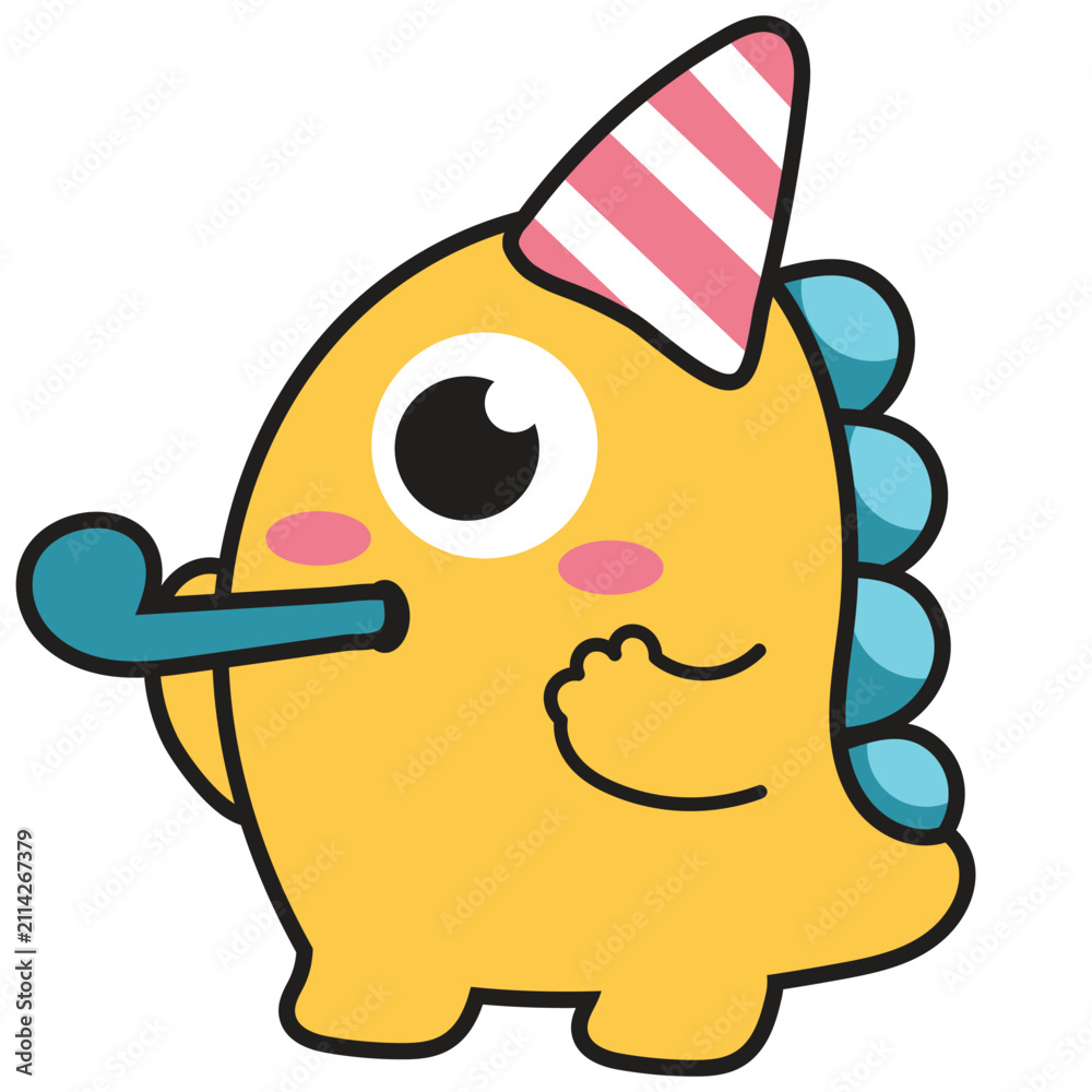 Obraz premium Cute Yellow Monster Character with Party Hat and Blower Illustration