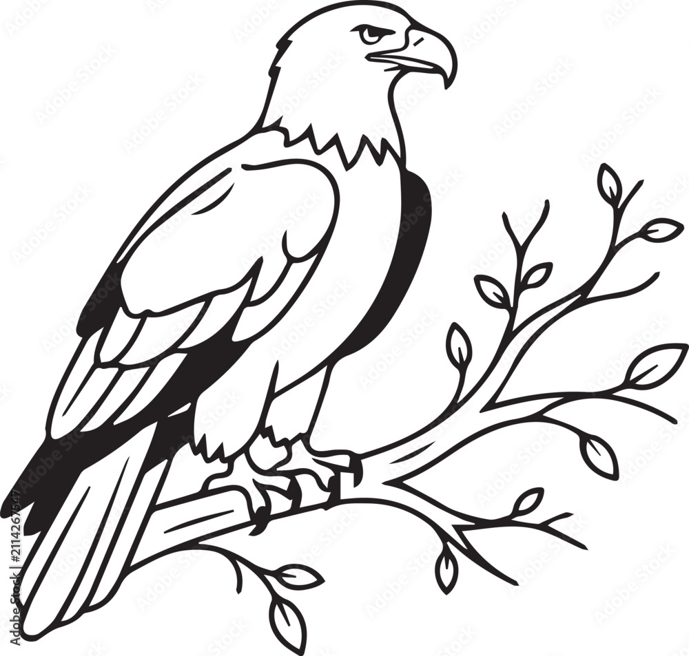 Fototapeta premium Bald Eagle Perched On Tree Branch Line Art Icon
