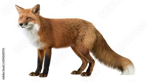 фотографія Red fox with bushy tail and white chest, isolated on transparent background