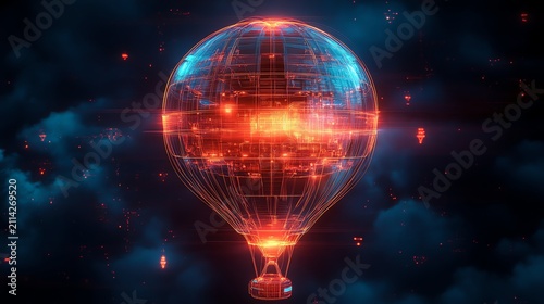 Futuristic Digital Hot Air Balloon in Glowing Red and Blue Light in Dark Sky