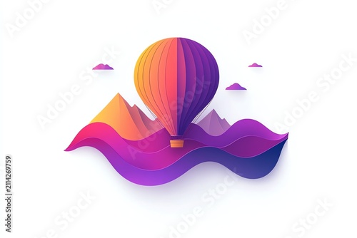 Colorful Hot Air Balloon Floating Over Mountain Landscape in Bright Sunset Colors