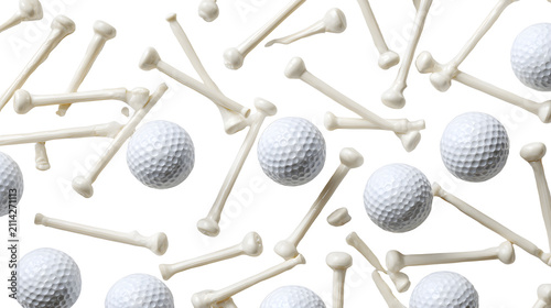 Scattered white golf balls and plastic bones on plain background with down view white top down arrangement randomly golfing objects sports with toys