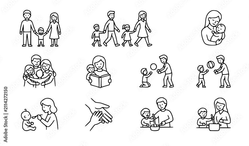 Fototapeta premium Family Care and Activity Outline Icon Set with Parents Children and Togetherness Symbols Vector
