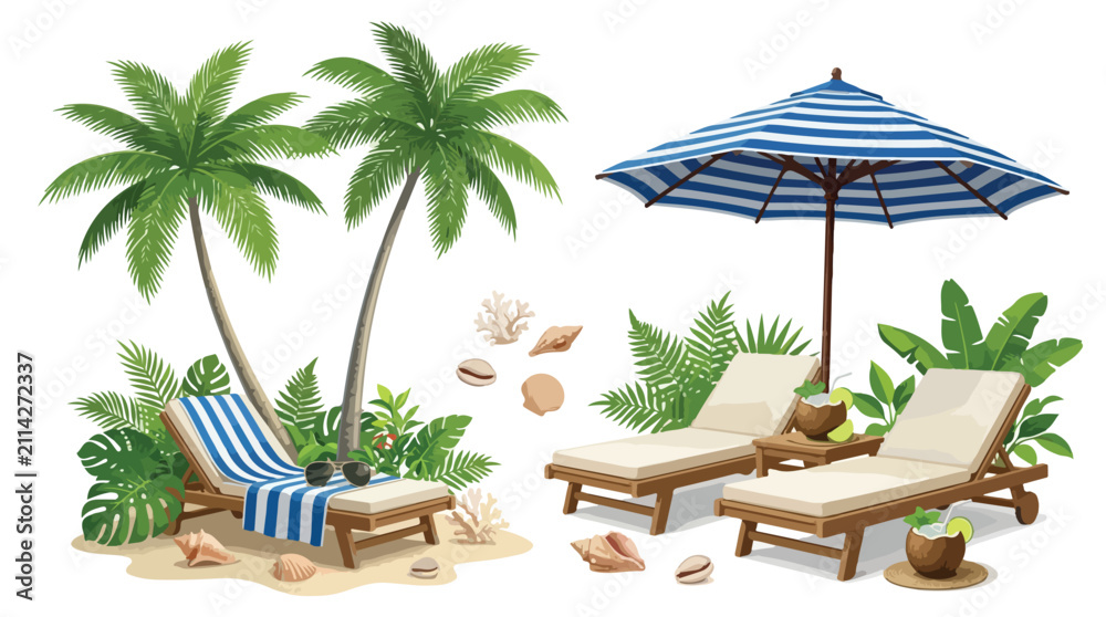 Fototapeta premium Tropical beach vacation set with palm trees and lounge chairs, summer resort elements with blue striped umbrella and coconut cocktails, vector clip art