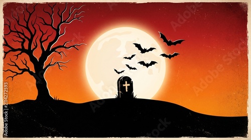 Happy halloween illustration with bats and full moon