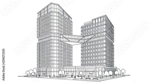 Canvastavla Modern twin skyscrapers with skybridge architectural sketch.