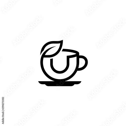 Minimalist Letter U Logo Design Combined with Tea Cup and Leaf Icon.