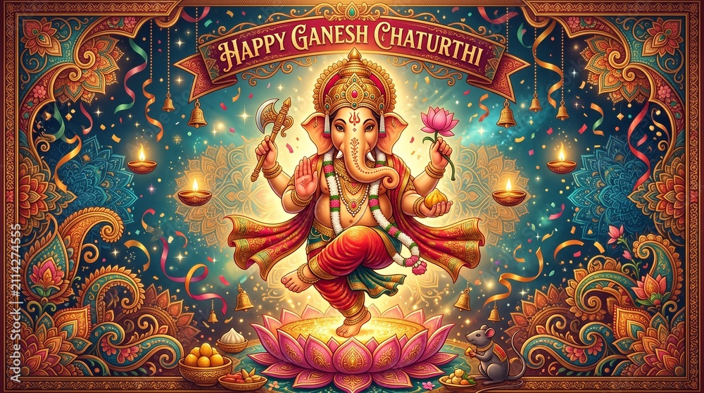 Obraz premium Colorful Ganesh Chaturthi Celebration Illustration with Festive Elements