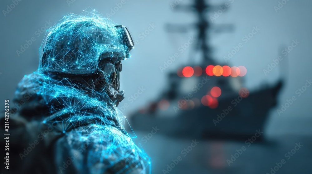 Obraz premium A futuristic soldier, adorned with glowing digital circuitry, stands guard as a naval warship looms in the misty, atmospheric background. ..Created with Generative AI, not depicting real subjects.