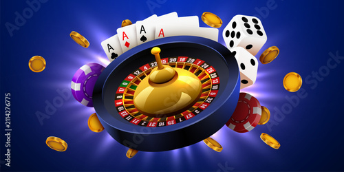 Картината върху платно Casino gambling concept with roulette, playing cards, dice and chips