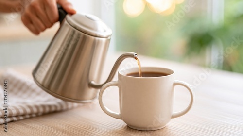 Close-up of person pouring hot coffee from a gooseneck kettle into a white mug on a wooden table with natural light