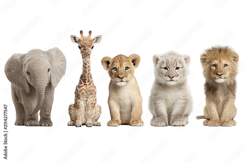 Obraz premium Safari nursery animal collection isolated on transparent background, cute watercolor wildlife PNG cutout set