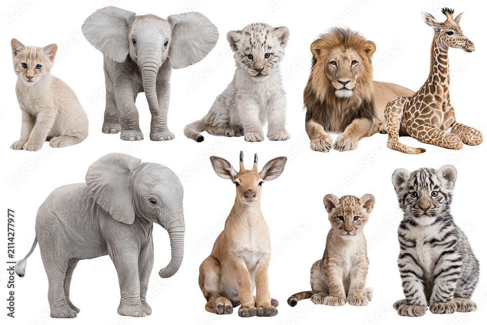 Obraz premium Safari nursery animal collection isolated on transparent background, cute watercolor wildlife PNG cutout set
