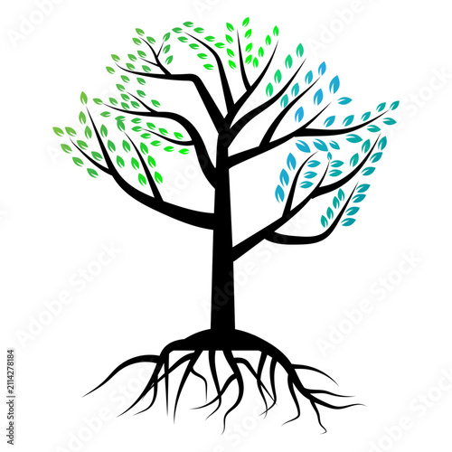 Abstract-Nature-Tree-With-Green-And-Blue-Leaves-Deep-Root-System-Eco-Concept-Vector-Illustration-On-White-Background