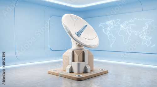 Futuristic white satellite dish antenna beige base blue science fiction room interior glowing world map screen communication data receiver transmitter equipment station