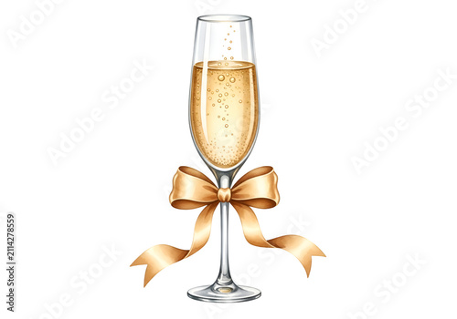 Celebratory champagne glass with bow. Elegant toast for special occasions. on white background , Isolated on Transparent Background, PNG, Generative AI