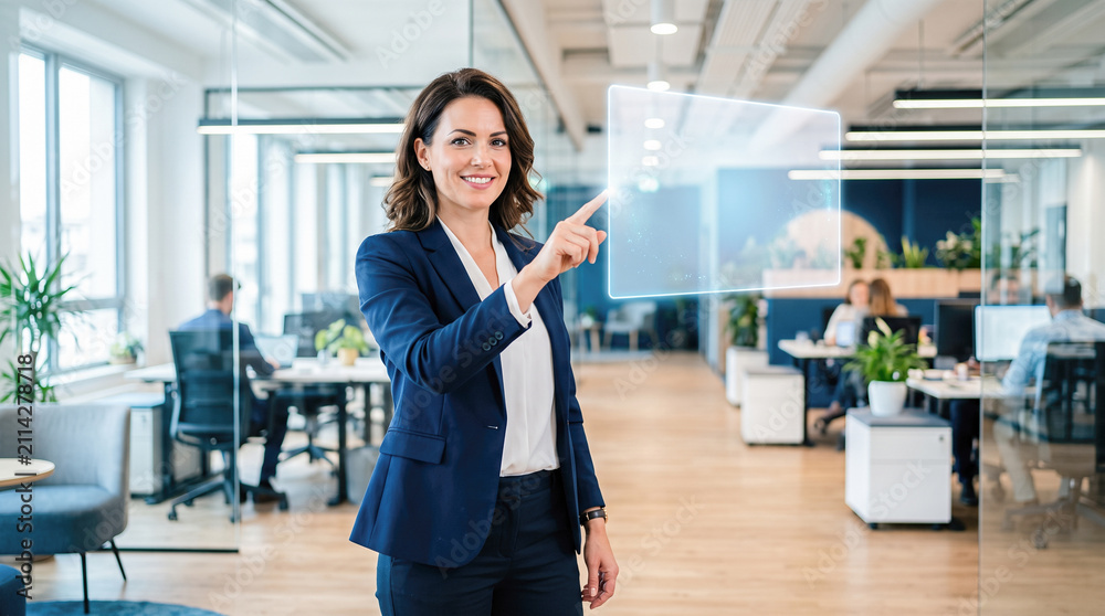 Obraz premium Happy Caucasian businesswoman wearing blue suit pointing finger touching blank transparent holographic screen standing inside busy modern corporate open office
