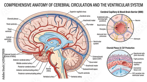 Obraz na płótnie Comprehensive Medical Diagram of Human Brain Cerebral Circulation and Ventricula