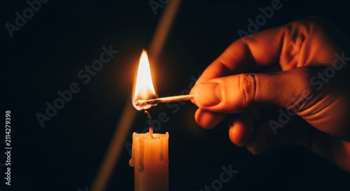 A hand holds a match close to a candle wick in a dark space. The flame ignites the wick as shadows surround the setting