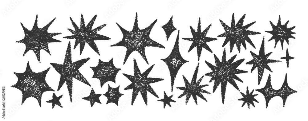 Obraz premium Crayon stars featuring cute doodles in chalk and brush textures. Pastel shapes featuring brush strokes, sparkles. Vector illustration.