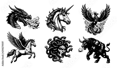 Принти на полотні mythical, creature, monster, legend, fantasy, dragon, unicorn, phoenix, pegasus,