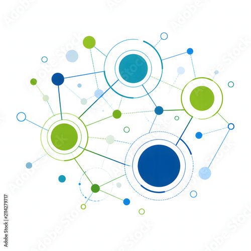 Abstract digital technology network background with connected blue and green circles